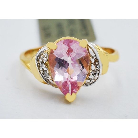 Genuine 2.86 Cts Pink Topaz & Diamonds Ring 14K Gold